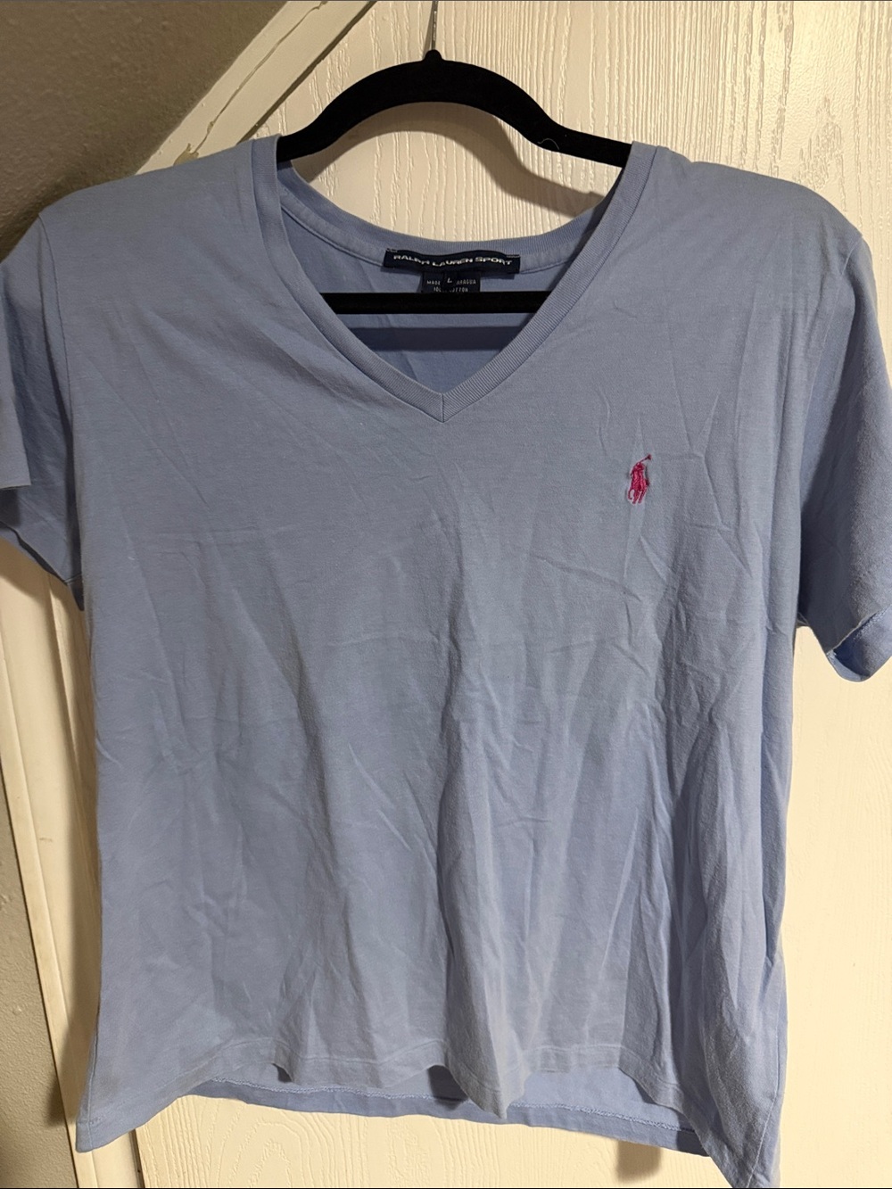 Ralph Lauren Light Blue V-Neck Tee with Pink Pony Logo